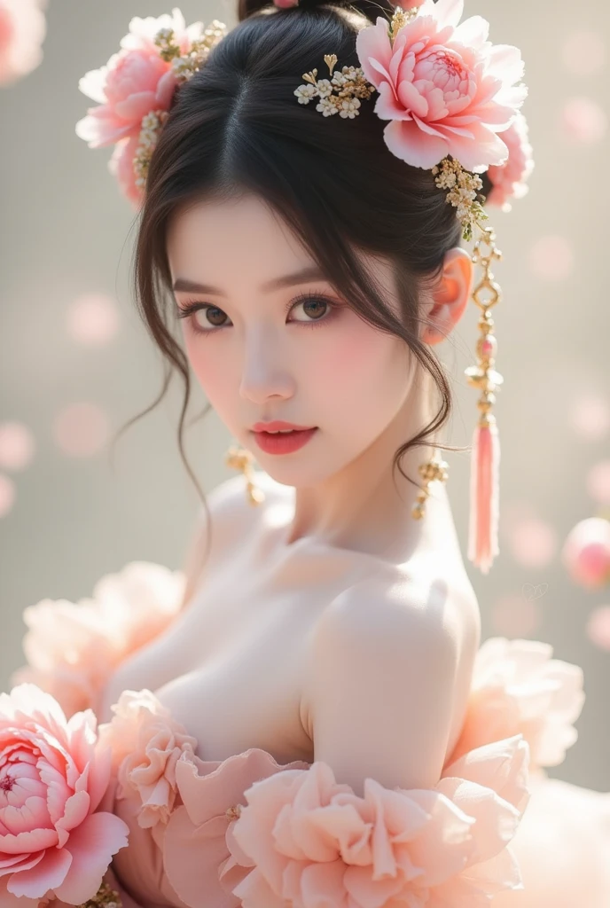 In the image, a young woman is dressed in an elegant and ethereal gown adorned with large, soft pink peony flowers. Her dress features off-the-shoulder sleeves, also decorated with lush floral embellishments, giving her a delicate and romantic appearance. She has a serene and graceful expression, with her dark hair styled in an intricate updo, further decorated with matching pink flowers and golden floral ornaments. The background is softly blurred, highlighting her beauty and giving the scene a dreamy, fairy-tale-like atmosphere. The overall aesthetic is reminiscent of ancient Chinese or fantasy-inspired styles, blending elegance with nature's beauty.
