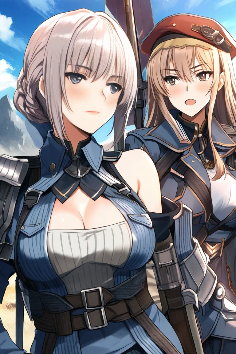 Very detailed、highest quality、(Best image quality:1.5)、(masterpiece:1.5)、8k、(Two women side by side:1.5)、Anime Face、A kind smile、Open Mouth、(Beautiful bright blue eyes:1.5)、(Blonde wavy hair:1.5)、Muscles of the whole body、Thigh belt、(Wearing white bikini armor:1.5)、(Cowboy Shot:1.6)、(Wearing a helmet:1.5)、(Holding a battle axe:1.5)、Warm lighting