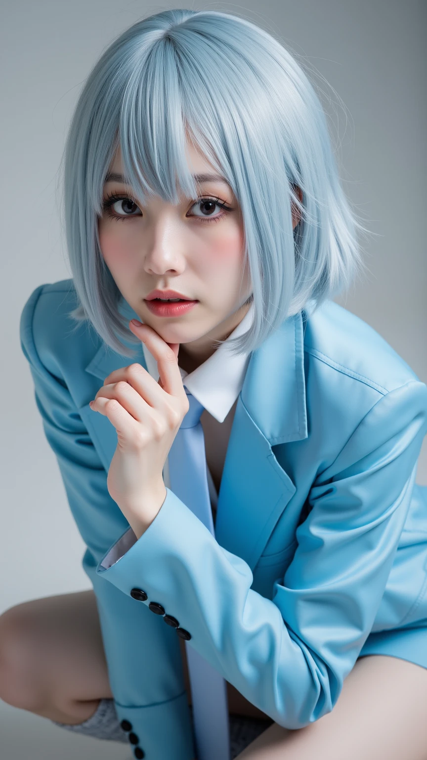 anime、White suit、Light blue hair、Big Ass、Close-up