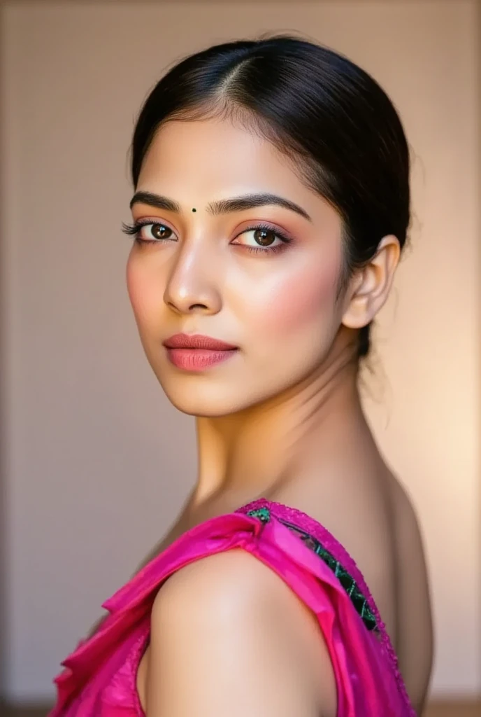 brown, south Indian woman with boyish hair in pink dress, midshot