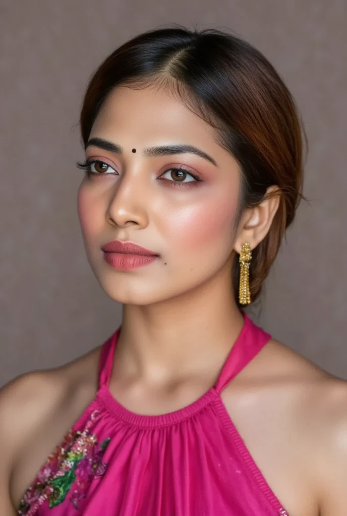 brown, south Indian woman with boyish hair in pink dress, midshot