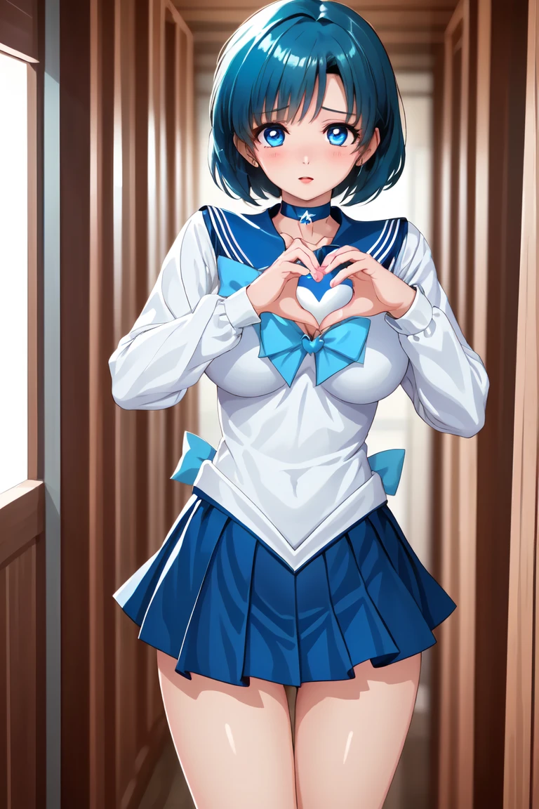 (masterpiece), best quality, best quality, highly detailed CG Unity 8k wallpaper,   Detailed and Complicated, 1 girl, Get close to the viewer and stare, Cowboy Shots
BREAK
mer1, choker,  sailor warrior uniform,    sky blue hair, Short Boots,Big Breasts,Super Mini Skirt
BREAK
Hallway_background、blue sky
Blush、is embarrassing、
stairs
BREAK
shiny costume、pretty eyes、textured skin、dark pink blush、Light Red Gloss Lip、(Make a heart with your fingers)
heart hands,own gand tohether