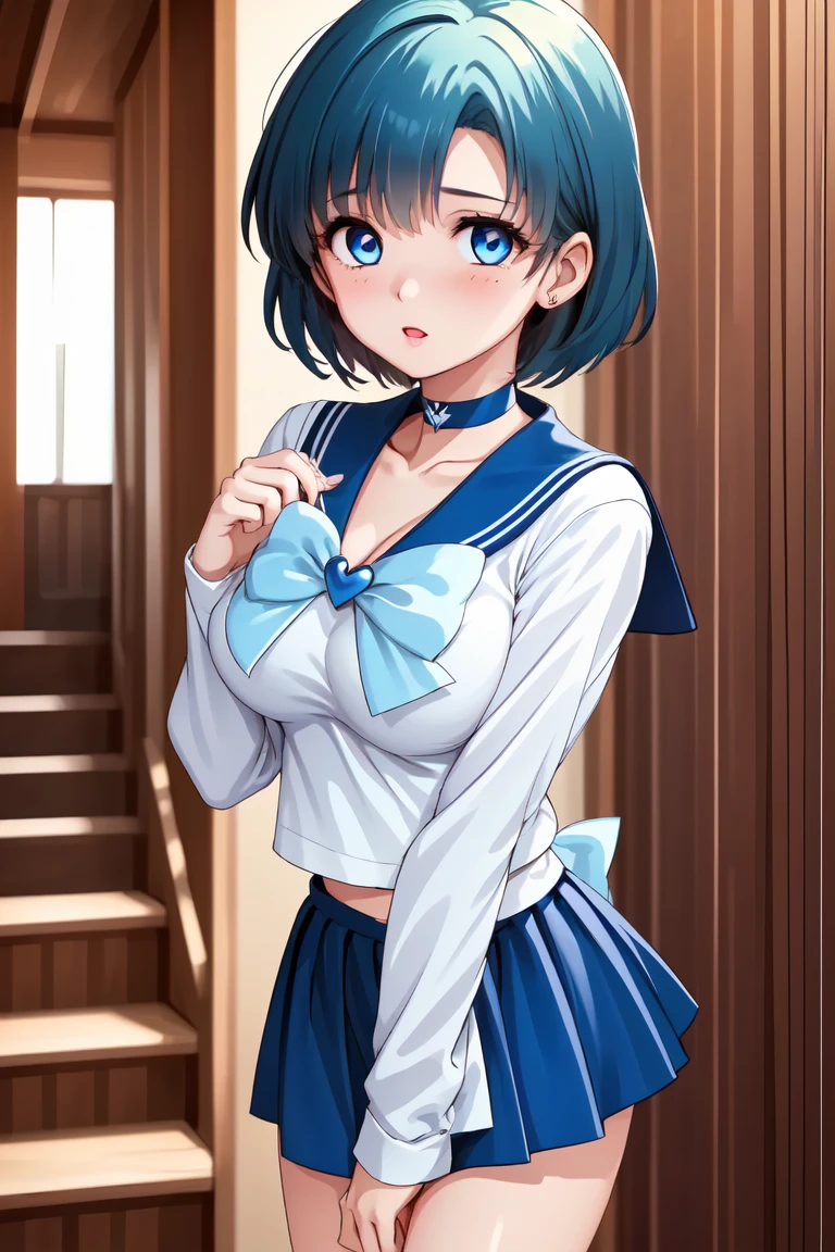 (masterpiece), best quality, best quality, highly detailed CG Unity 8k wallpaper,   Detailed and Complicated, 1 girl, Get close to the viewer and stare, Cowboy Shots
BREAK
mer1, choker,  sailor warrior uniform,    sky blue hair, Short Boots,Big Breasts,Super Mini Skirt
BREAK
Hallway_background、blue sky
Blush、is embarrassing、
stairs
BREAK
shiny costume、pretty eyes、textured skin、dark pink blush、Light Red Gloss Lip、(Make a heart with your fingers)
heart hands,own gand tohether