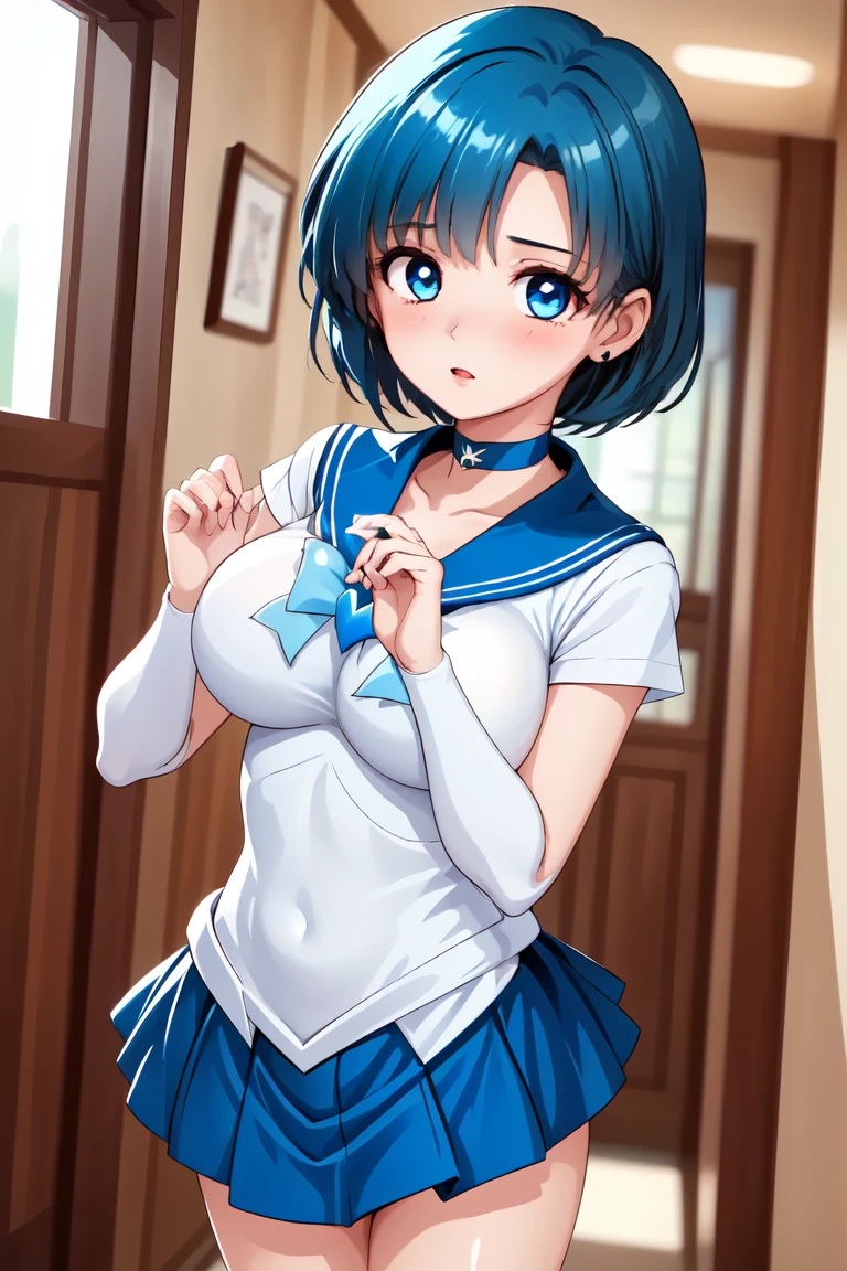 (masterpiece), best quality, best quality, highly detailed CG Unity 8k wallpaper,   Detailed and Complicated, 1 girl, Get close to the viewer and stare, Cowboy Shots
BREAK
mer1, choker,  sailor warrior uniform,    sky blue hair, Short Boots,Big Breasts,Super Mini Skirt
BREAK
Hallway_background、blue sky
Blush、is embarrassing、
stairs
BREAK
shiny costume、pretty eyes、textured skin、dark pink blush、Light Red Gloss Lip、(Make a heart with your fingers)
heart hands,own gand tohether