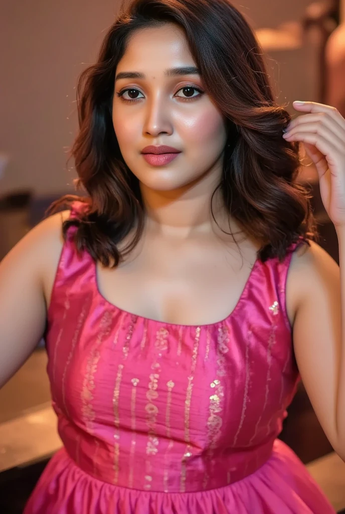 brown, south Indian woman with boyish hair in pink dress, midshot