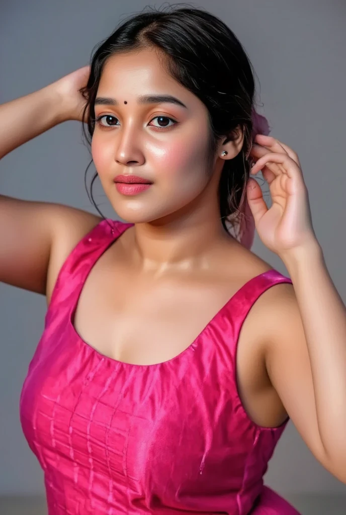 brown, south Indian woman with boyish hair in pink dress, midshot