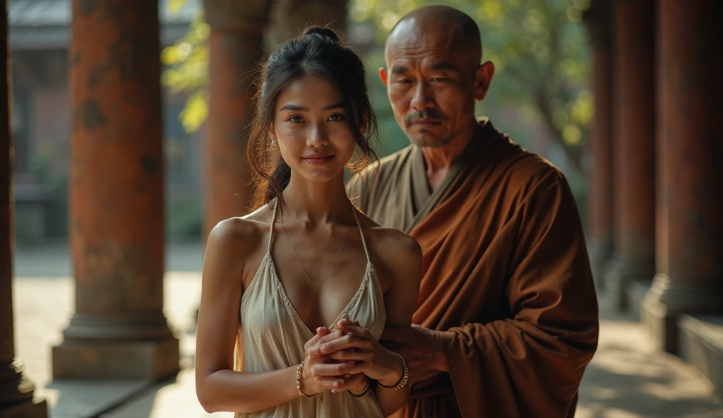 Three elderly Japanese male monks in robes looking at and observing two 10 year old girls, long straight black hair,totally naked without clothes ,erect nipples,big breasts, Thin waist, Long and shapely legs, bracelets on the wrists, dungeon illuminated with burning torches, ultra detailed, 8K quality