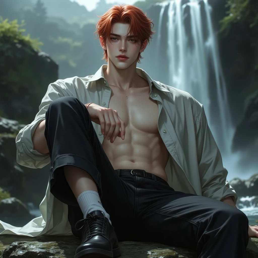 In this stunning, high-definition masterpiece (1.3), the captivating image of Park Jimin from BTS is showcased in the best quality, with an 8K resolution. His red hair, tied back in a sleek style (1.2), frames a face adorned with stylish glasses (1.2). The ultra-realistic rendering brings out every detail of his tattooed body, revealing the intricacies of his defined muscles (1.5).

Submerged in the still water, the shimmering reflections on the surface create a serene and calming scene. The water effects are meticulously crafted with intricate shimmering detail, and the