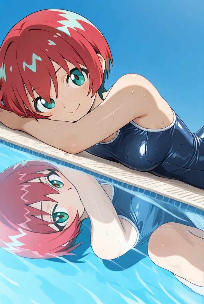 masterpiece, best quality, highres, 1girl, bangs, barefoot, bob_cut, bracelet, breasts, cleavage, full body, green eyes, leotard, medium breasts, purple hair, red leotard, red swimsuit, short hair, solo, standing, lifeguard, swimming, underwater