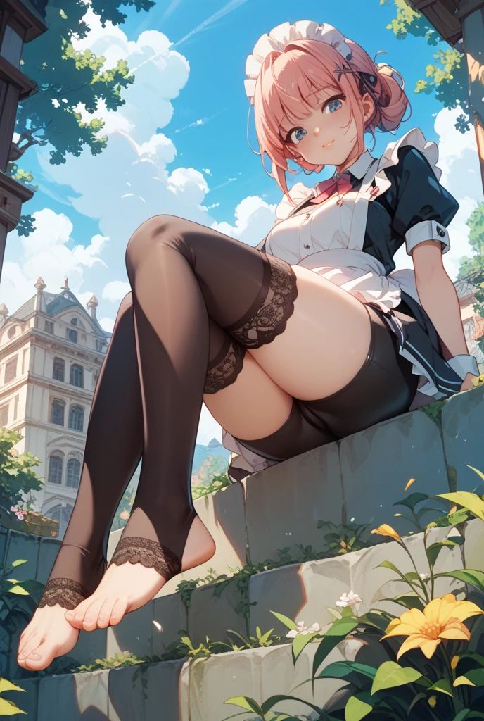 masterpiece, best quality, highres, ram1, 1girl, solo, siting on a ledge, focus on her ass, back to the viewer, ram \(re:zero\), pink hair, short hair, red eyes, hair over one eye, hair ribbon, x hair ornament, maid headdress, small breasts, huge ass, huge thighs, narrow waist, wide hips, thick thighs, hair flower, blushing,sweating, (breathing hard), (panting), anime, smile, outdoors, (masterpiece:1.2), highres, best quality, 8k, very clear,