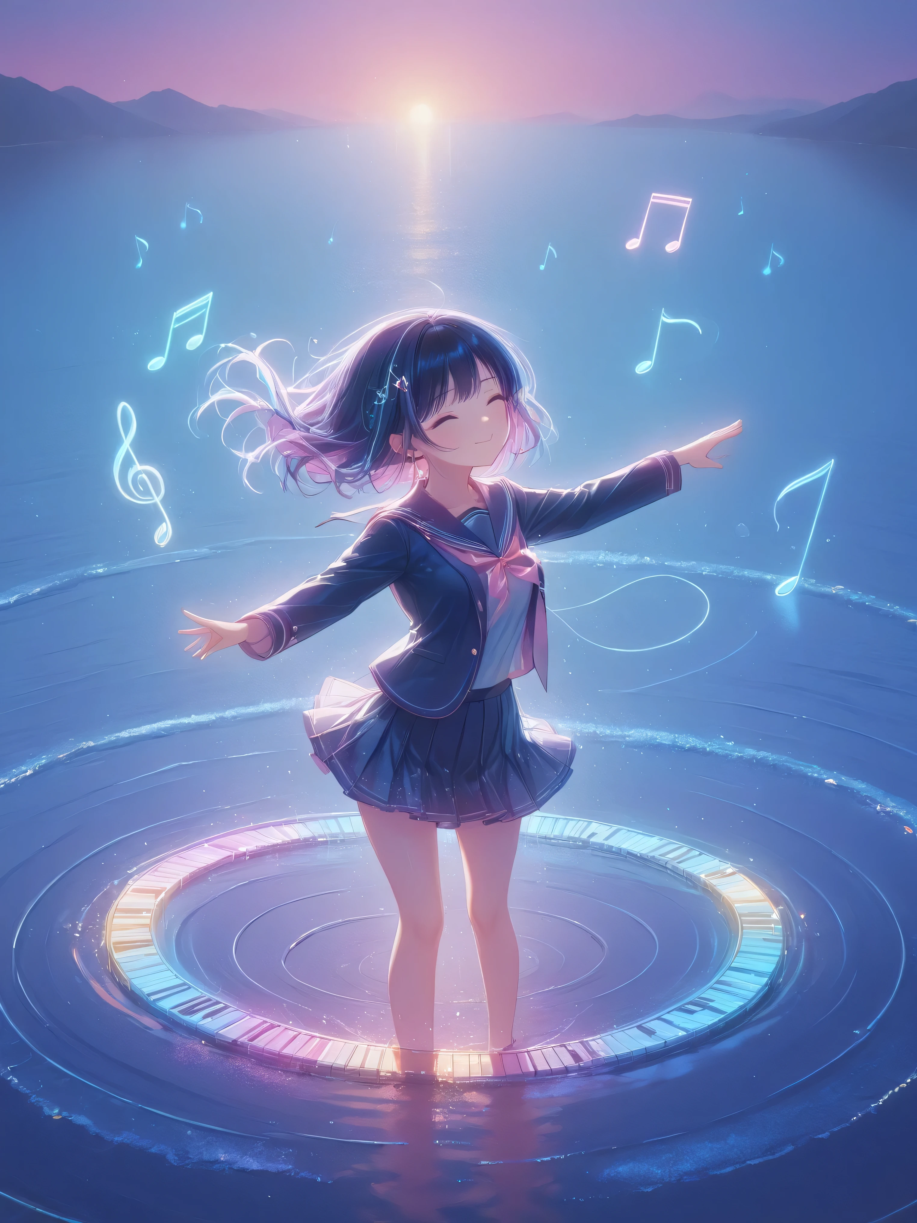 ④N 朝 制服ピアノ ( 1 girl , alone:1.7), (chuckle:1.5), (Beautiful Eyebrows), eyebrows apart, (Sparkling Eyes, shiny hair often:1.3), purplepink eye, without makeup, Anatomically correct, ((:1.7)),((20 years old:1.5)), (((unbroken clothes, unbroken clothes))),(looking away:1.5), Avoid overly long necks, Five fingers on the hand, 
break
 (beautifully detailed eyes:1.7), (natural wavy bob hairstyle:1.5), (Black hair with pink inner lining in Only one decorated braid), (Sailor uniform or blazer, skirt a little short.She expresses rhythm comfortably and plays the piano on the vast, quiet surface of the water. She looks into the distance. Her eyes are closed..:1.5),(Glittering, dancing notes of various colors.:1.5),  (cute and stylish, detailed design, bright colors:1.5), earrings, Awkward, Blush, smooth and supple body, (gravure:1.6), Full and attractive thighs, 
break
 a fantastical world unfolds, bright and glittering, Spectacular views, (( I can see spectacular Beautiful Sunset)),spacious, grand and mesmerizing, illuminating the darkness, vivid and vibrant colors, light displays, dazzling patterns, mesmerizing and fantastic, inverted image, high quality, (16K resolution), ((super detailed)) ((Artwork by)), ultra realistic, lights, dynamic lines, oc rendering break (photorealistic:1.1), (masterpiece, High Quality, High Quality:1.4), (Super Detail, absolute resolution), ((16k, high resolution:1.5)), (Reflect), ((intense forward light, intimate and immersive perspective :1.5), (High Quality, like in a movie, super realistic:1.5), 
break
 (best impact:1.4), ( maximalism :1.6), ( vivid contrast ), (super premium light:1.2), (diffuse Reflection:1.3), ( high speed shutter , motion blur), (high resolutionR, unity 16k wallpaper, highly detailed CG, ultra high resolution, Uhigh resolution, 1080P, high resolution, 4K, 8k:1.5),
