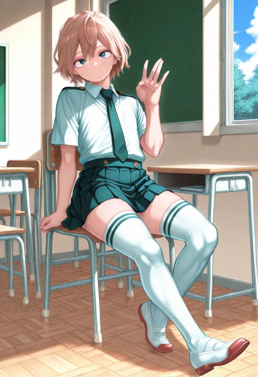 masterpiece, best quality, absurdres, perfect anatomy, 1girl, solo, MomozonoLove, , green necktie, pink blazer, pink skirt, pleated skirt, kneehighs, sitting, smile, classroom, window, indoors, courtyard, tree, Squatting and spreading your legs wide,White underwear,Tucked up clothes,Undressing,NSFW,アニマルプリント柄のWhite underwear