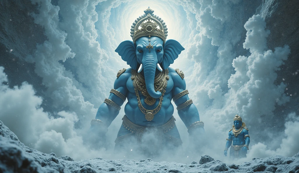 Deusa time, Hindu Ganesha, river, muscular body, masculine figure, muscular, detailed figure, detailed face, six arms, Ganesha meditating in the universe, detailed universe, colorful universe, symbolic, Azul Corpor, Blue sketch, detailed sketch, character away from camera There is a third eye on the forehead.
