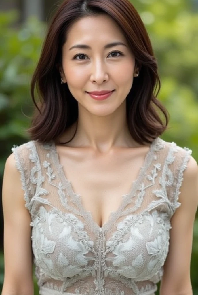 最high quality, In 8K, Masseter region, Real, Sharp focus, high quality, High resolution, Detailed face, Detailed eyes, Thick lips, Background Blur, alone, Middle-aged women, , 5, , Wavy Hair, Cleavage, Wearing a plain short-sleeved knit, Afternoon in front of the park garden, Wrinkles around the eyes, Smiling with teeth showing