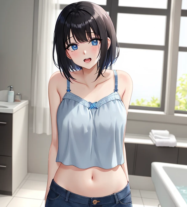 (masterpiece, high quality, highres:1),1girl,solo,breasts,pov doorway, open door, doorway, false smile,standing, (sweat:1.3) ,fog,bikini, short shorts, denim shorts, nagisa, small breast, flustered,panicking,rushing,long hair,forced smile,half-closed eyes, ntrgao,dark,shaded face,despair, from above, (covered nipple), necklace, earrings, (makeup:1.3), (pubic hair:1.2), pussy juice, oily skin, gleaming skin, shiny skin