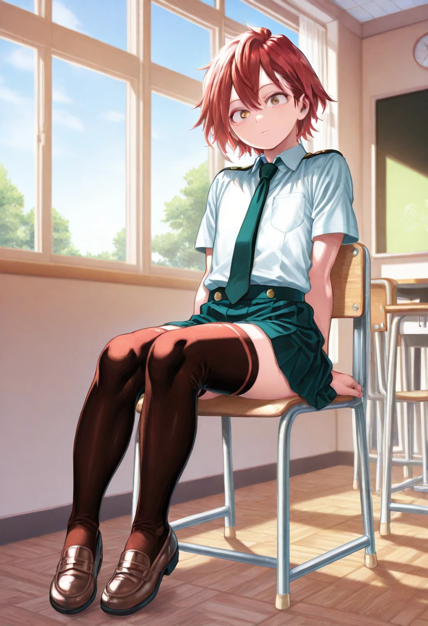 absurderes, solo, ​masterpiece、top-quality、Kobayashi,1 girl, white shirt, relised yellow tie, black office pants,short sleeves、office shoes, tired, flat chest, Highly detailed body lines, in a subway car, sitting, front view, night, spread legs, hand on tits, hand between legs, wet, shy, aroused, 