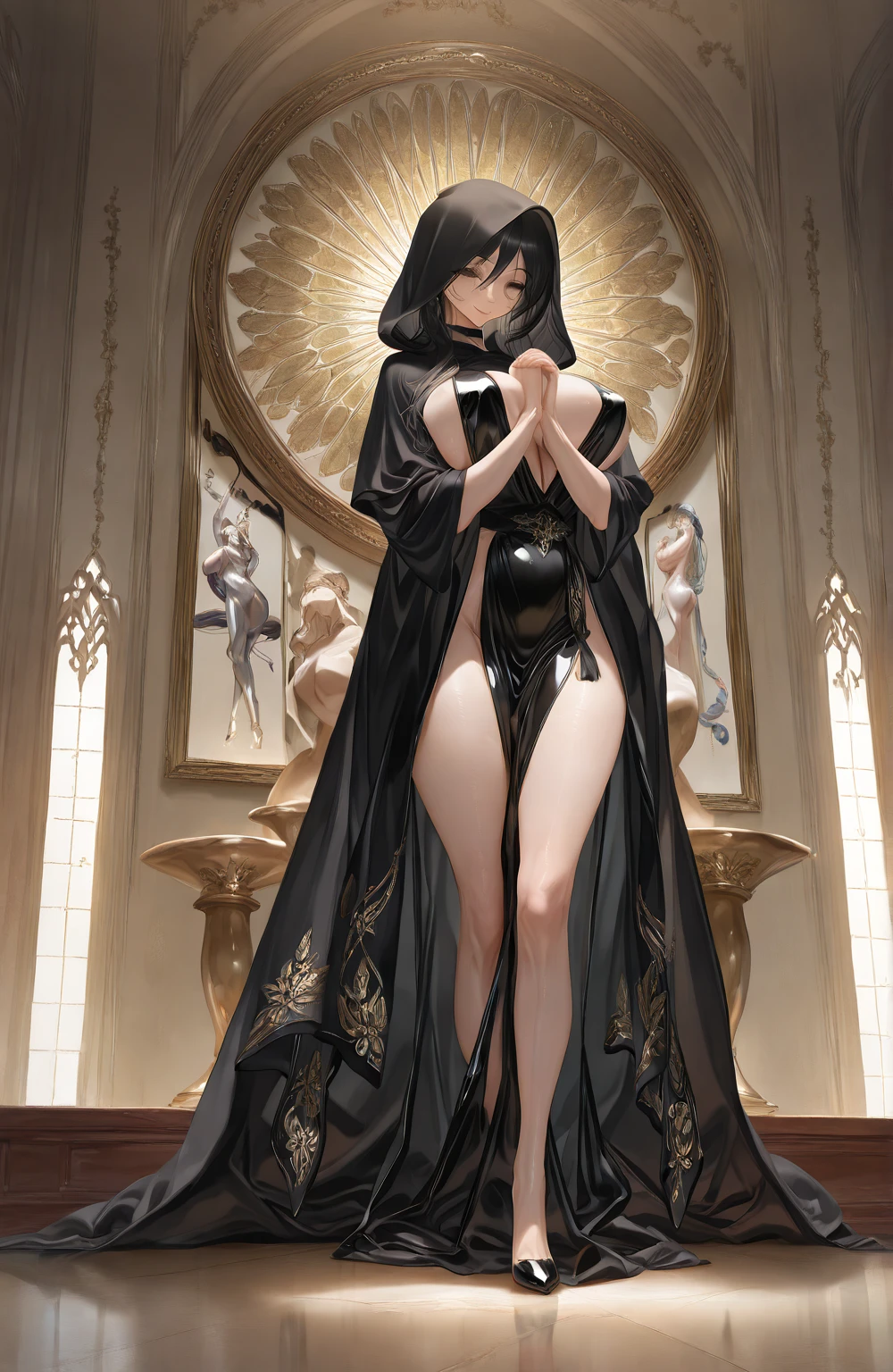 (( de alta calidad)),( Ultra high resolution),( Very detailed),( Detailed explanation ),(( best CG )),( Best artwork ), ultra precise art , Amazing Art Painting,(exquisite art:1.5), Women, beautiful shot of well-kept face, only, full body, latex monk's robe, smile, Big breasts, praying ,NSFW, pose sexy, smile tímida, Sensual look