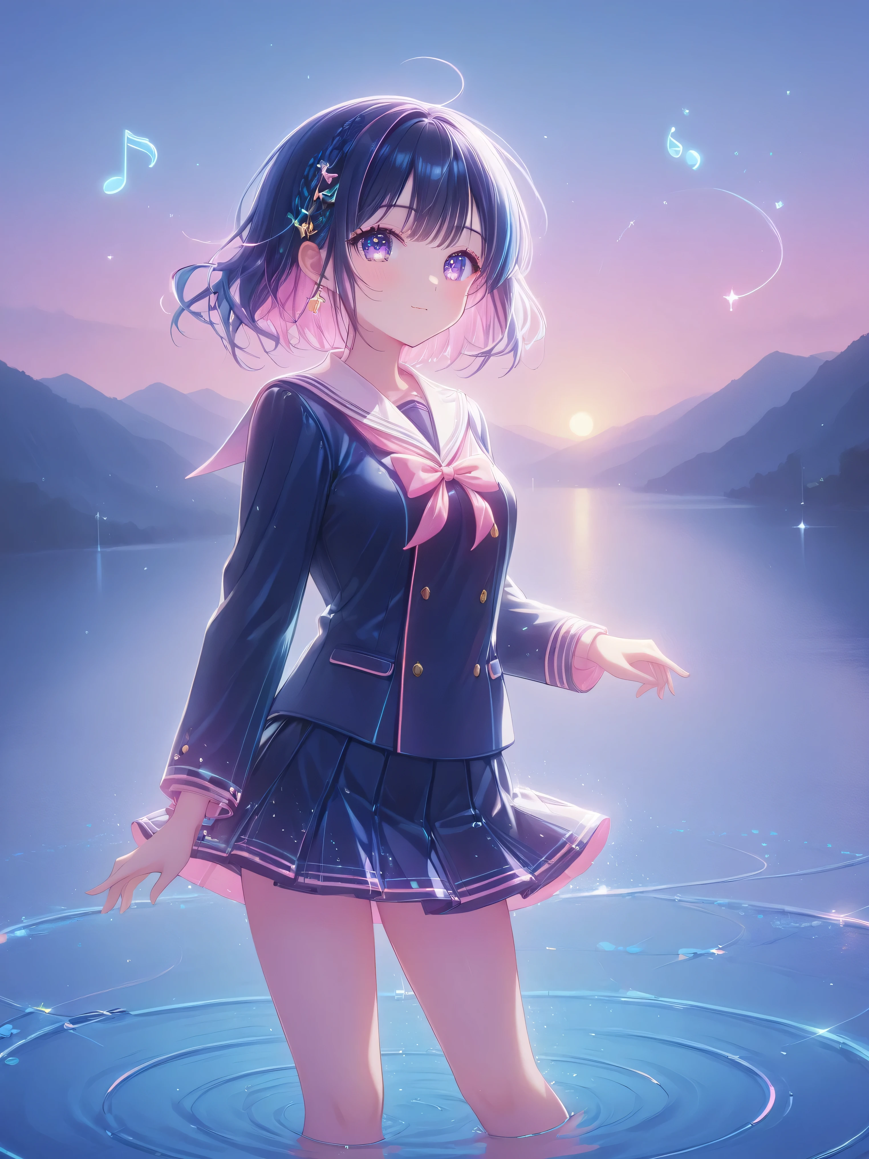 ④N 朝 制服ピアノ ( 1 girl , alone:1.7), (chuckle:1.5), (Beautiful Eyebrows), eyebrows apart, (Sparkling Eyes, shiny hair often:1.3), purplepink eye, without makeup, Anatomically correct, ((medium breasts:1.7)),((20 years old:1.5)), (((unbroken clothes, unbroken clothes))),(looking away:1.5), Avoid overly long necks, Five fingers on the hand, 
break
 (beautifully detailed eyes:1.7), (natural wavy bob hairstyle:1.5), (Black hair with pink inner lining in Only one decorated braid), (Sailor uniforms, blazers, and skirts are a bit short. She is comfortably expressing rhythm while standing on the calm surface of the water and playing the piano.:1.5),(Colorful and sparkling notes float around her, in various sizes.:1.5),  (cute and stylish, detailed design, bright colors:1.5), earrings, Awkward, Blush, smooth and supple body, (gravure:1.6), Full and attractive thighs, 
break
 a fantastical world unfolds, bright and glittering, Spectacular views, (( I can see spectacular Beautiful Sunset)), (((cowboy shot, from below:1.5))), 
BREAK
spacious, grand and mesmerizing, illuminating the darkness, vivid and vibrant colors, light displays, 
dazzling patterns, mesmerizing and fantastic, inverted image, high quality, (16K resolution), ((super detailed)) ((Artwork by)), ultra realistic, lights, dynamic lines, oc rendering break (photorealistic:1.1), (masterpiece, High Quality, High Quality:1.4), (Super Detail, absolute resolution), ((16k, high resolution:1.5)), (Reflect), ((intense forward light, intimate and immersive perspective :1.5), (High Quality, like in a movie, super realistic:1.5), 
break
 (best impact:1.4), ( maximalism :1.6), ( vivid contrast ), (super premium light:1.2), (diffuse Reflection:1.3), ( high speed shutter , motion blur), (high resolutionR, unity 16k wallpaper, highly detailed CG, ultra high resolution, Uhigh resolution, 1080P, high resolution, 4K, 8k:1.5),
