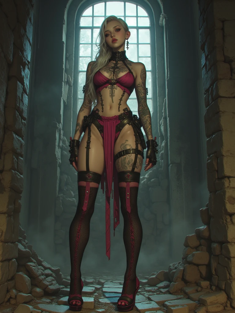 girl, rotting zombie warrior, aerith, evil look, sexy,  wielding a staff, sheer lace bra, medium saggy breasts, demonic lace panty shorts, pubic hair, curvy hips, facepaint, bodypaint, glowing eyes, combat stance, vibrant appearance, creative sexual behavior, imaginative, sensual, spontaneous, highest quality, skin texture, demon infested war backdrop, intricate details, (cinematic lighting), RAW photo, 8k