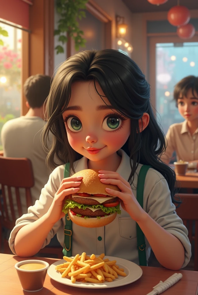 Beautiful 3D long hair for cute young girl,Vivid colors,ears of elf,joyful expressions,Prepare to eat a juicy burger,(Hamburger in the center of the picture),Focus on burgers,Delicious food,Close-up shot,PVC model, view the viewer, soft smooth lighting, soft and muted colors, 3d icon clay render, 120mm lens, 3d blender render, trending on polycount, modular constructivism