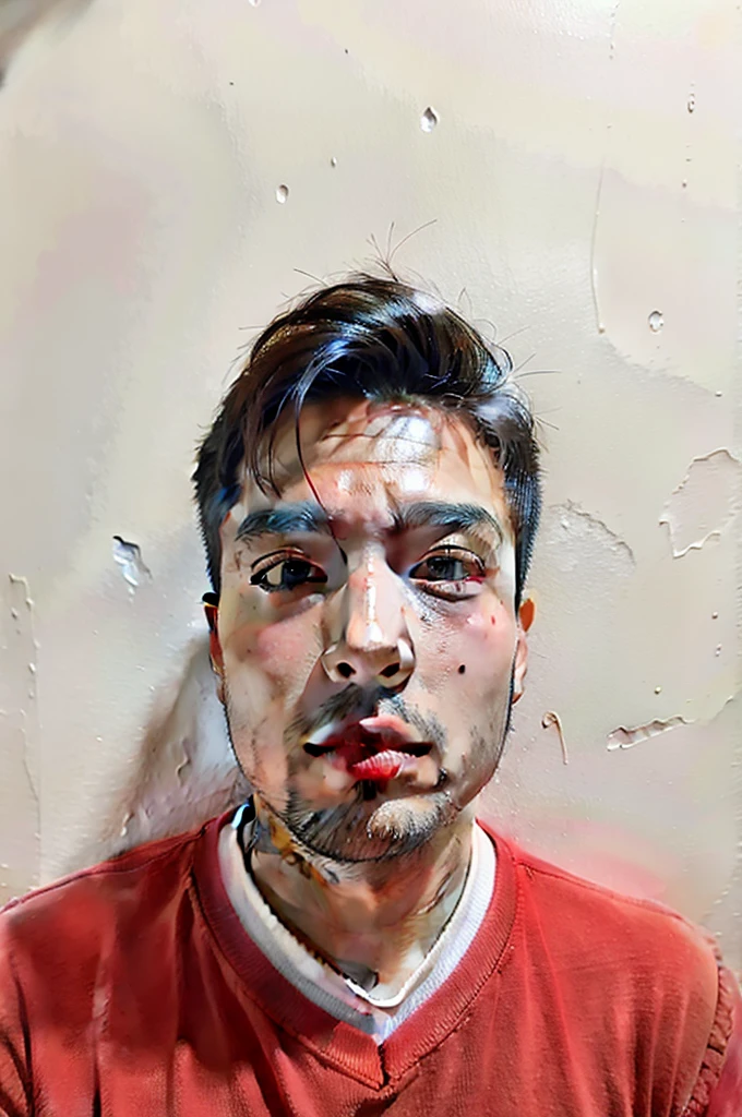 arafed man with a white shirt and tie with a pink paint on his face, khyzyl saleem, digital oil on canvas, covered in oil painting, portrait of a crying ai artist, with a bruised face and bruises, digital painting”, inspired by Abdur Rahman Chughtai, digital paiting, smudged face, digital art but photo