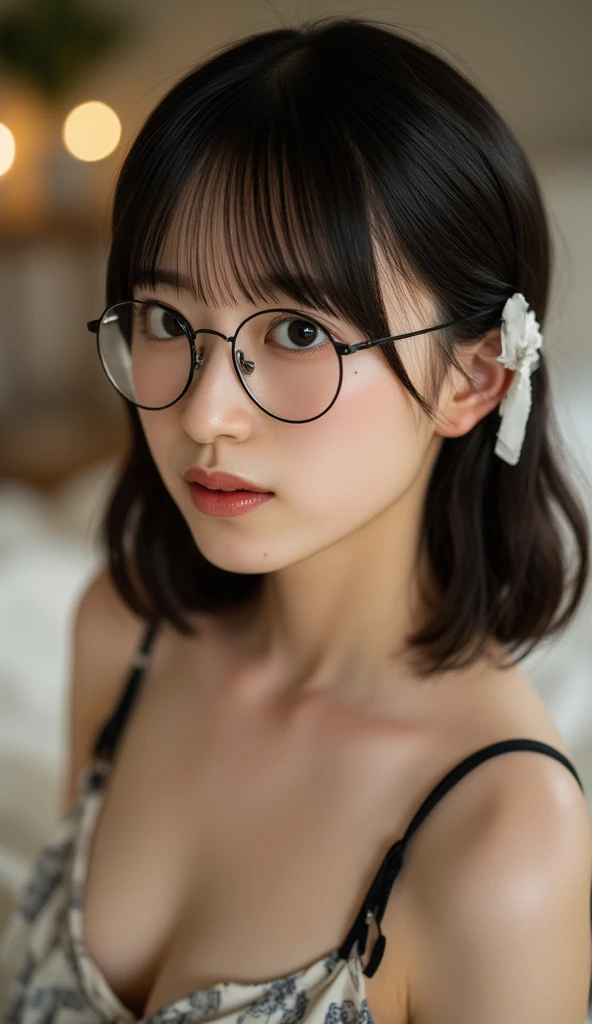 (1 Girl)、(Beautiful Japanese、24years old,round face、Refreshing、clear、seems kind、stylish、Pitiful、cute like an angel、cute、black eyes、,actress,Almond-shaped eyes,Translucent white skin、Beautiful skin), Good style , (Beautiful big breasts:1.2),(soft breasts),(very cute),{(Broun hair),(updo),(Bangs is deep side part),(tendrils)},(enchanting eyes),(highlight on eyes:1.2)、(Silver-rimmed glasses),(glasses),(8K、Live shooting、highest quality、masterpiece:1.2、optimal lighting)、((masterpiece)),(Photo taken by a professional photographer),(real、photo real:1.4),break,{ (Sexy Dress)},(cleavage:1.2)},( A shy smile),(tears:1.3),(cheeks are red:1.2), break, break,Old hospital,Face shot:1.3、looking at viewer, face close-up,Looking up、sitting、Feeling embarrassed、Tears flowing,tearful,(closed eyes)、Embarrassed face