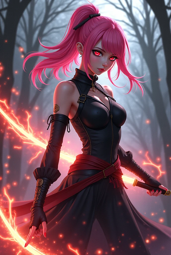 Woman, short pink hair, big blue eyes, panicat outfit, holding black daggers, combat stance, full body, Ouroboros tattoo on forehead, ((Anime character design inspired by Fullmetal Alchemist: Brotherhood)), ((Lighting stunning)), ((Fine lines)), ((Stunning focus)), ((Stunning face)), ((Detailed focus)), ((Detailed background)), ((Ultra-thin 2D design)), ((Background full of creativity)), ((2D masterpiece)), ((Best quality)), ((8K)), ((Anime style)), ((Drawing art))