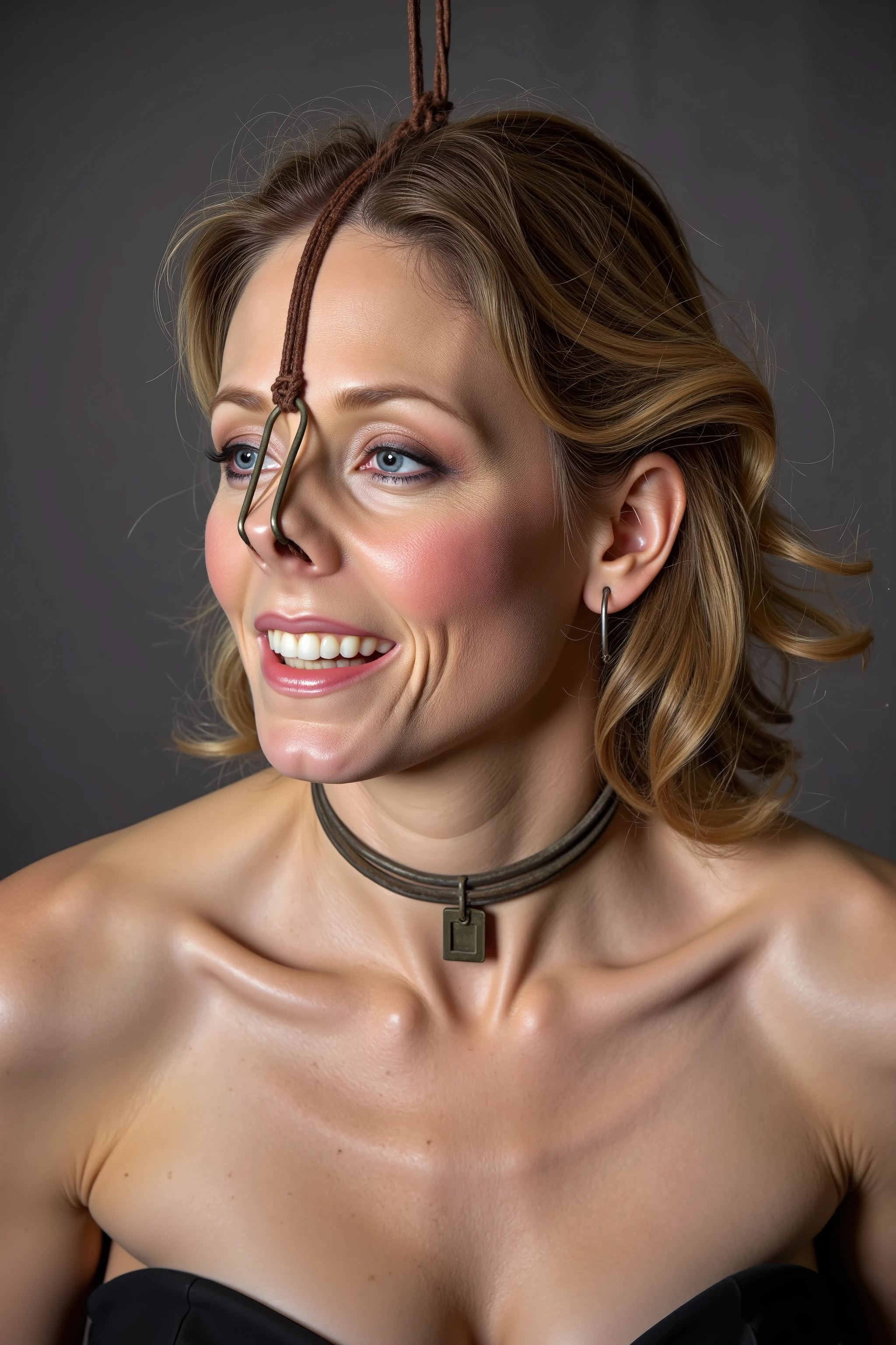 A high resolution photograph of a mature actress, masterpiece, photo-realistic, natural lighting, film grain, portrait, fashion shoot, solo, 1girl, off-shoulder dress, blonde hair, detailed face, detailed eyes, sophisticated nose, pale skin, fine-textured skin, full smile, (pet-collar with tag, nose hook with chain wrapped around top of her head, nose hook makes her nose look like a pig snout, hooking in her nostrils:1.5), (profile, side view, view from below, facing up, chin-up, face focus:1.4), close-up of face, simple background,,
