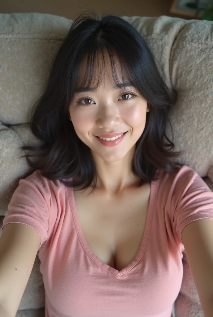 masterpiece,best quality,(Japanese ),((Beautiful girl)),cleavage,indoor,(perfect body beauty:1.2),(shy smile),beautiful teeth,