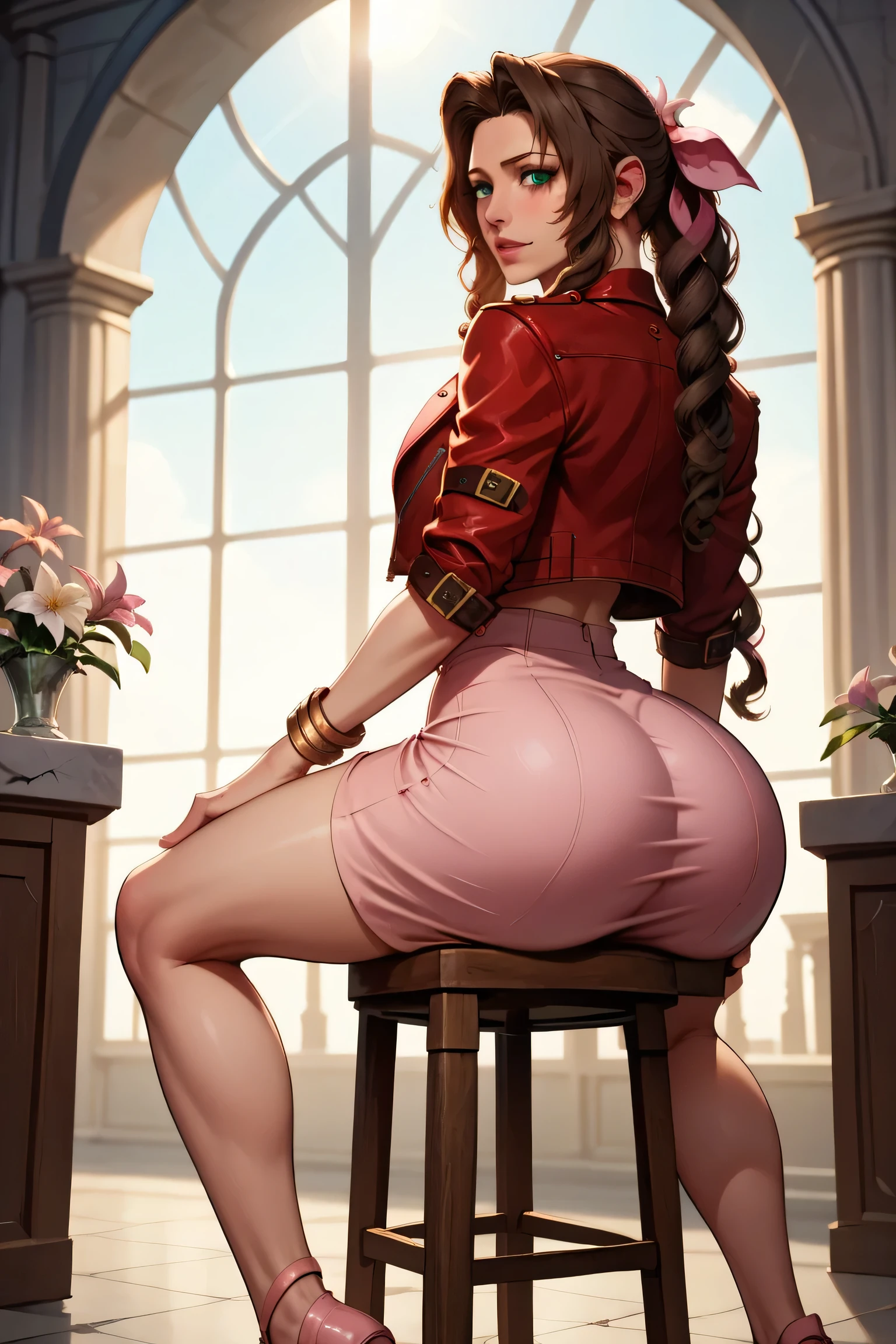 (masterpiece, best quality, absurdres, 4k, aesthetic, detailed, intricate, perfect lighting),cinematic lighting,cinematic angle,,1girl,sitting on stool,aerith gainsborough,big butt,cropped jacket,hair flowers,long hair,pink dress,hair ribbons
