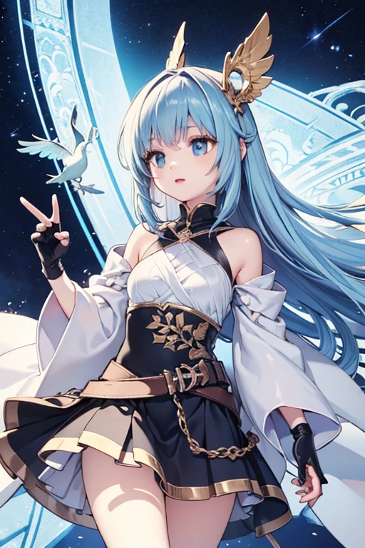 22-year-old female ,Long light blue hair, green eyes, Thin, Big  , dragon girl, Ryukaku,  Blue western style light clothing, barefoot, magic circle, Make it like tarot anime style but without the frame, penetrating eyes , ice cold energy, ice cold blue particles, ice, crystal