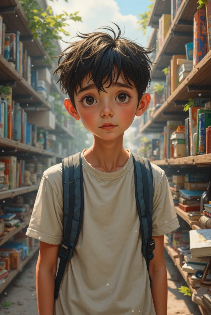 (photorealism:1.2), Homeless boy with a book-shaped hairstyle Define the hairstyle more Book hairstyle