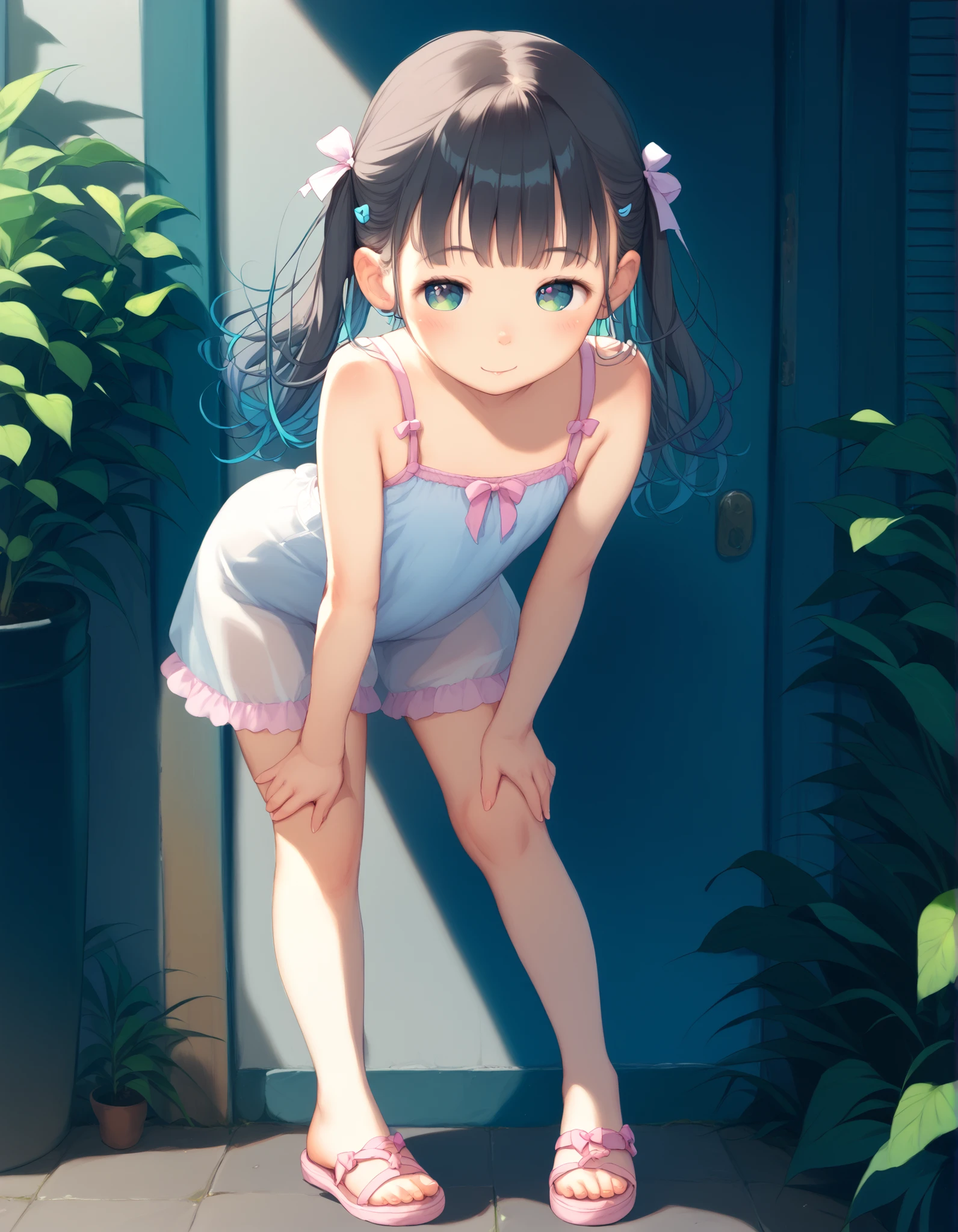 best image quality、 pretty eyes、detailed eyes、cute face、baby face、girl、black hair、small、twin tails、 completely naked、full body、pastel background、standing pose with shoulders hidden