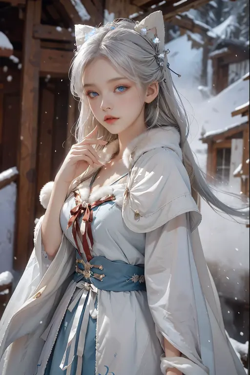 8K，realistically, high resolution, 1 female, alone, (Lolita costume)，Gorgeous costumes attract the audience，beautiful blue eyes, white hair, eye socket, (External，heavy snow，fur-edged cloak，blanketed in a mantle of snow)，snow，