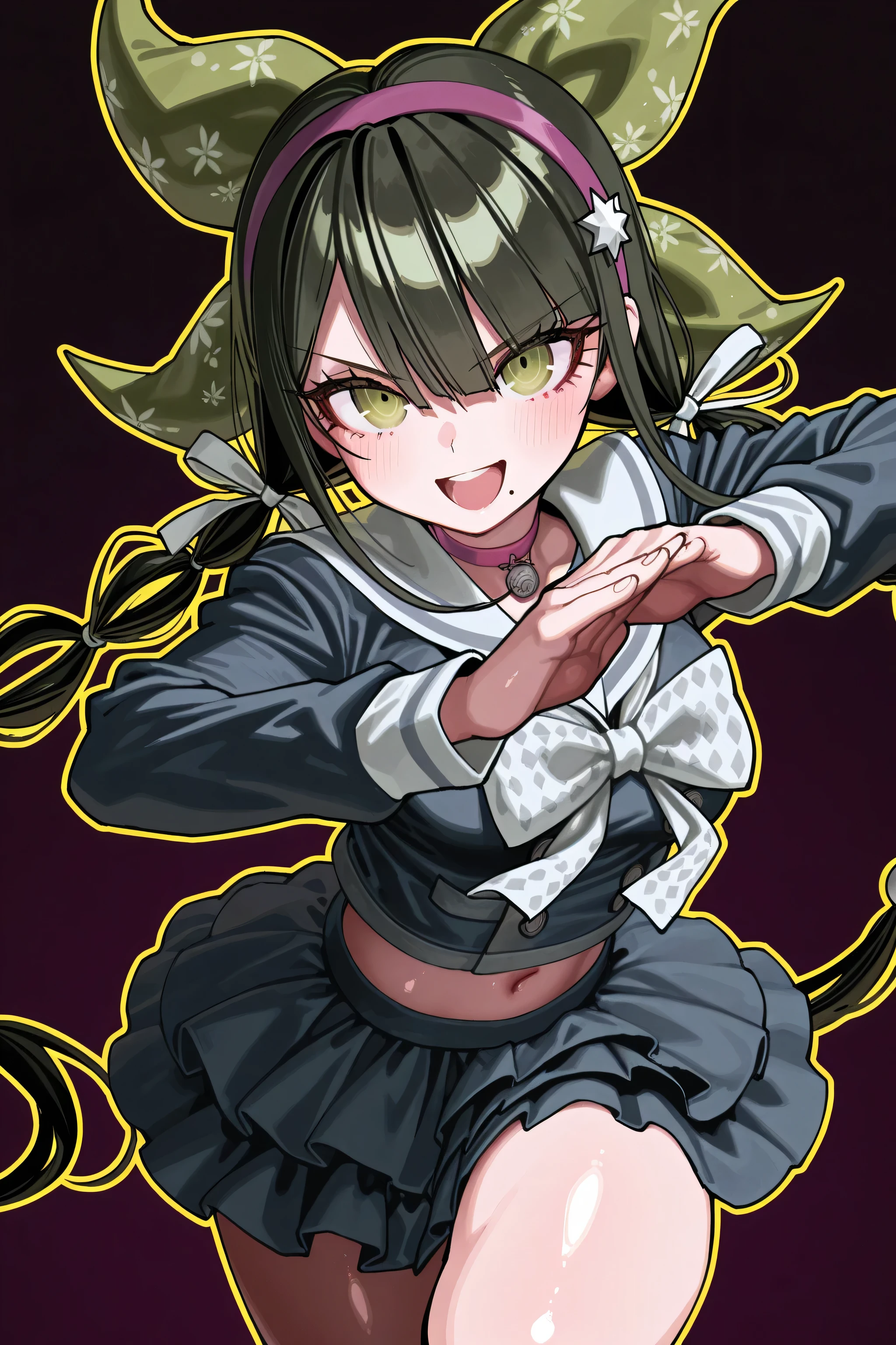 kmj-anonstyle, [artist:yoneyama mai], [artist:kanzarin], [artist: ekrea_jan], masterpiece,best quality,amazing quality, 748cmstyle, solo, eye focus, danganronpa (series), danganronpa v3: killing harmony, chabashira tenko, 1girl, black hair, bow, choker, eyelashes, fighting stance, foreshortening, green eyes, hair between eyes, hair bow, hair ornament, hair ribbon, hairband, happy, layered skirt, light blush, long hair, long sleeves, looking at viewer, low twintails, mole, mole under mouth, navel, open mouth, outline, pink choker, pink hairband, pleated skirt, ribbon, sailor collar, school uniform, shiny skin, shirt, simple background, skirt, smile, solo, thighs, twintails, very long hair, white bow, yellow outline