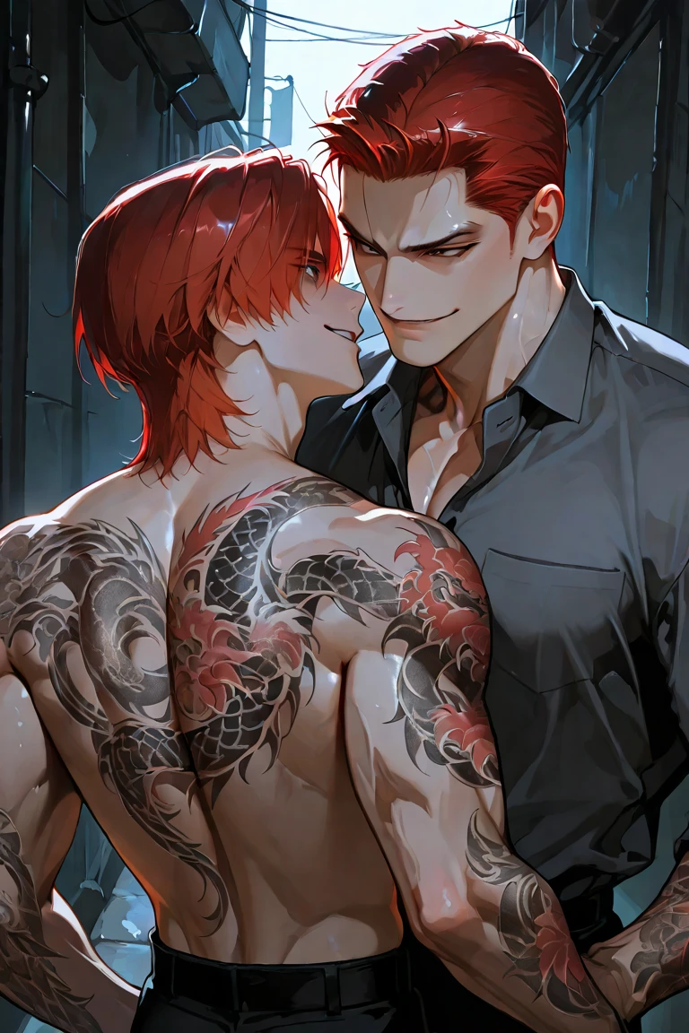 man, masculine, masculine face, attractive, muscular, ((1 person)), masterpiece, absurd, best quality, intricate details, (shiny skin, shiny body, shiny oily glossy skin, shiny hair, pale complexion), sunset, attractive, a tentacle man, male god, abs, flat chest chest muscles, handsome face, evil charm, short hair, giant hanging, thick and hard, parasitic devouring, nausea. Slime, Devouring, Disgusting, Blushing Shyness, Big Breasts, Symmetrical Coordination (Muscles)), Adult, A, Tattoo on Chest , Black Shirt, Earrings, Black Pants, No View, Short Red Hair, Perfectly Meticulous Face, Perfectly Meticulous Hands, Vampire, Blue Eyes, ((MLS)), Medium Shot