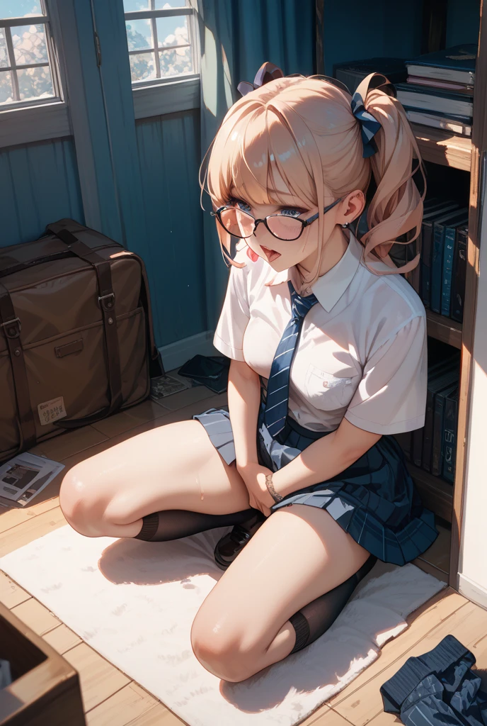 girl, , idol girl, very young, cutie, very skinny, anorexia, harmful, charming, Darling, bright blonde with pink hair, Informal, very long wavy hair, bright makeup, White wet transparent mini blouse, Cleavage, White miniskirt, tights, rectangular frame glasses, bright red lipstick, goth makeup, wet clothes, full length photo, ahegao, orgasm, skirt lift, masturbation, crotch cumdrip, bukkake, cumdrip, white tights, eyeliner, eye shadow, masturbating, allure, pissing herself, chocker, pissing stream, pissing through panties, tiny chest, Slim waist, small ass, slim fit girl, (long curly disheveled blond hair:1.4), shy smile, fox ears, short tight blue pleated skirt, bangs, tight white shirt, short sleeves, collared shirt, мокрая одежда