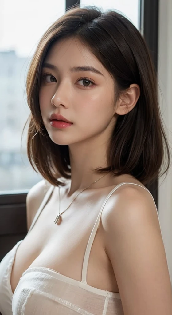 ((top-quality、8K、​masterpiece: 1.erfect Body Beauty: 1.4、Slender Abs: 1.2、Beautiful woman with slender abs:1.3、(Highlight Haircutreast c Cup:1.2), medium breast, round shape breast, perfect shape breast, ((  sexy , transparent sheer )), necklace, hyperdetailed face、18year old、 Pretty women、(Dark brown short-cut hair), Slim Face、Highly detailed facial and skin texture、very detailed lips、opens legs、top-quality、​masterpiece、超A high resolution、(Photorealsitic:1.4), walked forward confidently, long shot ,  studio setup, photography steup, light from both side, background,