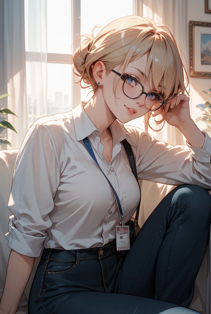 (masterpiece, best quality:1.2), solo, Android 18 from Dragon Ball, ((light gray hooded sweatshirt, Oversized hooded sweatshirt, long sleeve, lace thin thigh highs, white )), thighs, midriff, small breastse hair, (single hair bun), ((blue eyes)), (wearing glasses), earrings on earlobes, slender feminine figure, narrow waistline, skinny body, (reading a book), cleavage, off , light blush, indoors, chill, room, hot coffee, window, organized, simple, white-based interior, a few plants, rain, cloudy sky, magnificent view, blur background, 4K, knees up, on the cute chair, (pale blue chair),