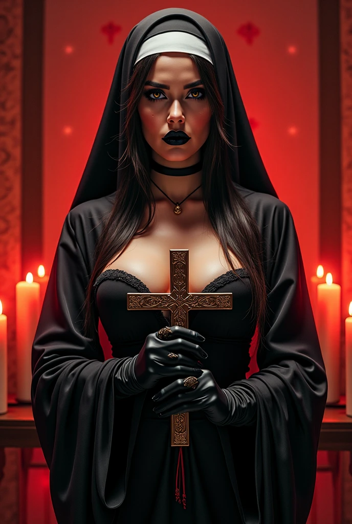(sexy goth demon nun), Dark, mysterious, charming, hauntingly beautiful, (detailed facial features, PENETRATING EYES, dark red lips), flowing black robes, necklace with a cross, sensual, seductive pose, (candlelight backdrop, sinister atmosphere), (Best Quality, High resolution, ultra detailed), (Gothic art, oil painting, dark fantasy), (dramatic lighting, darkness, ethereal glow), (Black and red color combination., intense contrast), (Beautifully composed, intricate details), (evokes a sense of desire and forbidden allure.)., horned girl, devil horns, elf ears, cleavage, thigh, short skirt, sexy
