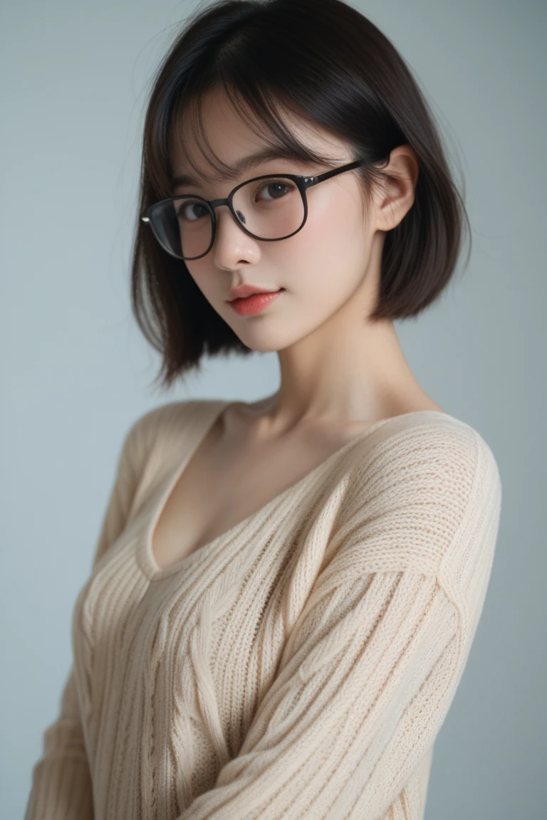 masterpiece、top-quality、超A high resolution、(photographrealistic:1.4)、((1girl in、White fair skin:1.4、age19、spotless、cute little、A dark-haired、bobhair_cut、shorth hair、Normal breasts:1.6))((Casual wear))、(portrait of japanese famous actress)、(A smile、Happiness、Joy、jolly、closes mouth)、、High detailed eyes、long neck、bangss、Lashes、Big eyes、In the street、Glasses、Sweaters、Casual wear