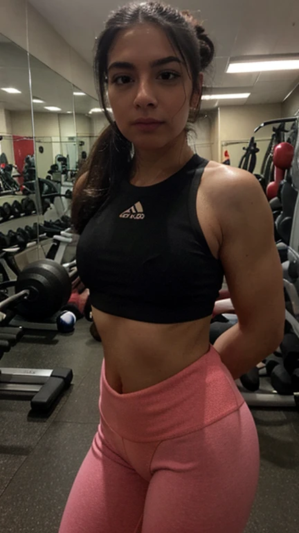 1girl in, age 44, Square face, Long hair, Looking at Viewer, jewelry, Realistic, A sexy, Sporty outfits, multicolored outfits, gym background, free pose