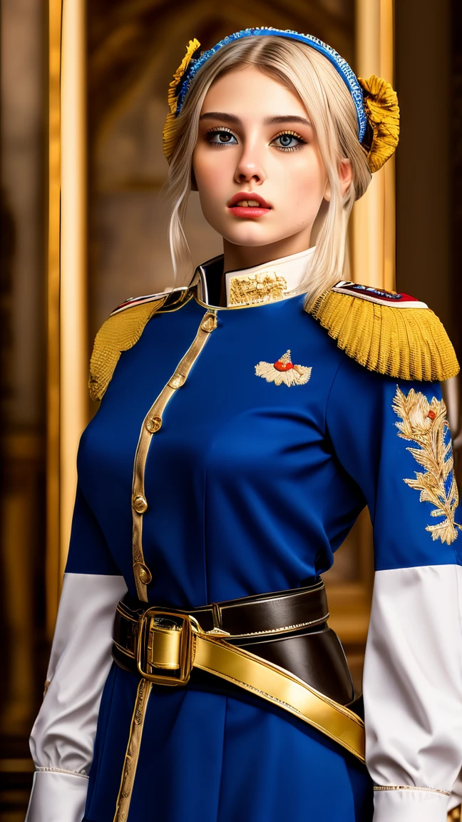 USA military , full body she is waiting to make love to you, , European woman, military uniform, tight top, huge breasts, blond and long and straight hair, blue eyes, breasts visible