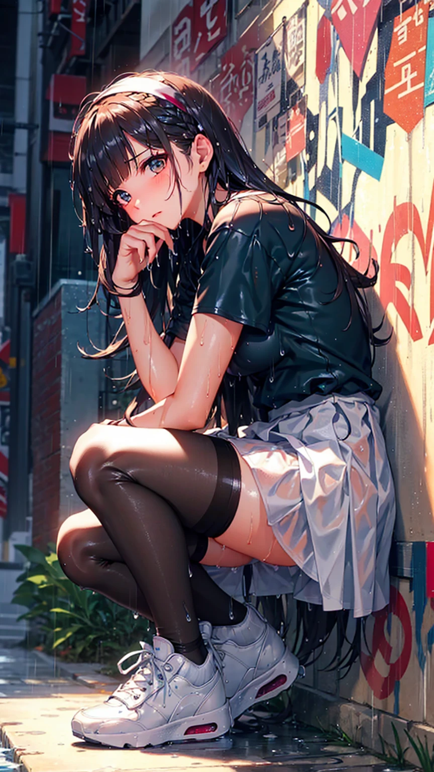 1 girl, woman, emo_hairstyle, Red lipstick, collar, Eyeliner, eyeshadow, smoky eyes, realistic lighting, school, shirt , tie, skirt, Black Stockings, long hair, flat chest, shiny skin, grin, bukkake, peeing self, pissing stream between legs