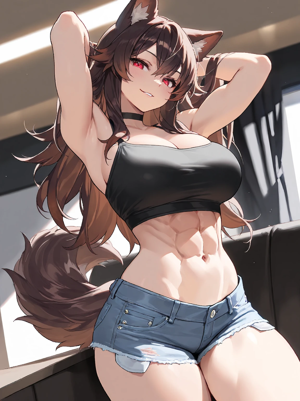 realistic image, coherent image, detailed image, 1 beautiful girl. She has brown hair, with two pigtails and a fox mask in her hair. Pink eyes, long eyelashes. Her face is oval and delicate. Smiling. She is wearing a lace bra, jean shorts. She has a curvy body, medium breasts, thin waist, thick thighs. she pose sexy. White background. uniform background. natural lighting in front, volumetric lighting