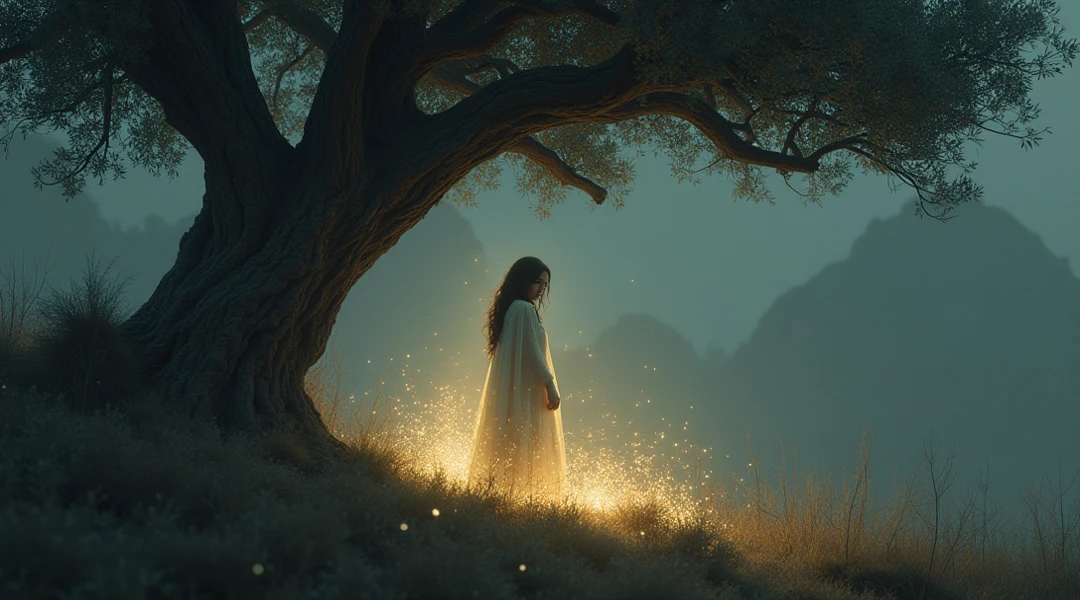 Dreamy enchanting, surrealism, concptual art, tree branches, beatiful girl in distance, -- notext, mock up, --seed 777, Ultra HD, photorealistic, 32k, --AR 16:9, --v 5.2, -- s 55, --CHaos 321