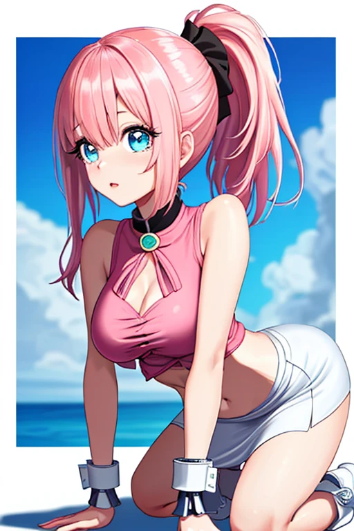 (masterpiece、Highest quality、Super detailed)、((One girl))、((Pink Hair))、((Twin tails))、((Light blue eyes))、evil smile、((Closed Mouth、((Sticking out tongue))、((lots of piercings))、((Very large breasts))、((white bikini))、((denim short shorts))、Cowboy Shot、Pretend、Turning your butt off、Shoot from behind、Seaside Background