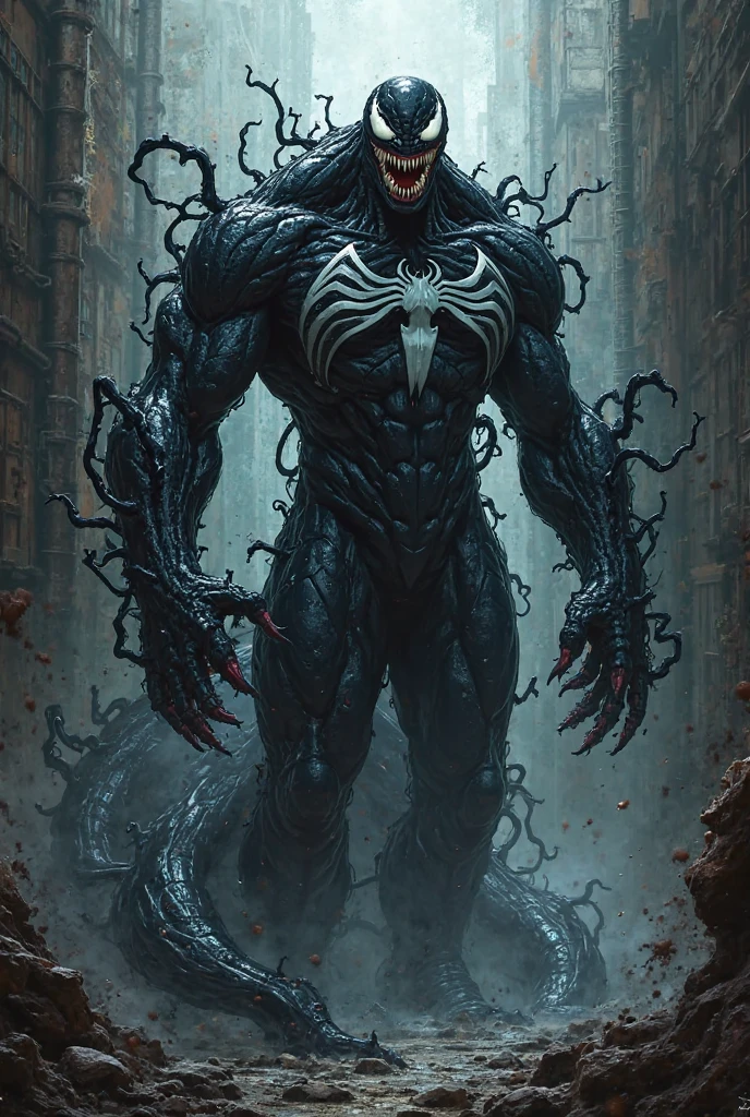 In a dimly lit, mist-shrouded cave, a behemoth of symbiotic slime emerges from the shadows. Its vibrant black skin glistens with an eerie sheen as white streaks flow around the body, tendrils are amorphous. The masterpiece of an 8K anime-style illustration features the monstrous subject in a dynamic pose, its tendrils and appendages tangled in a twisted mad display, Ultra-detailed textures and lighting effects bring this nightmarish scene to life with uncanny realism.