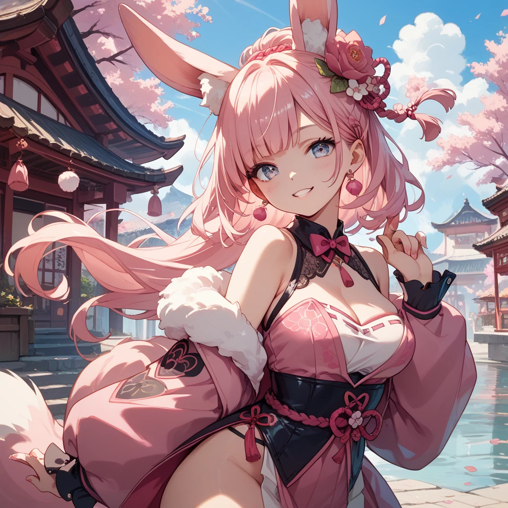 masterpiece, best quality,1girl,cherry_blossoms, petals, 1girl, breasts, long_hair, yae_sakura, solo, pink_hair, falling_petals, breast_hold, fox_ears, looking_at_viewer, spring_\(season\), very_long_hair, tree, parted_lips, bare_shoulders, arm_under_breasts, large_breasts, branch, hair_between_eyes <lora:satono:1>