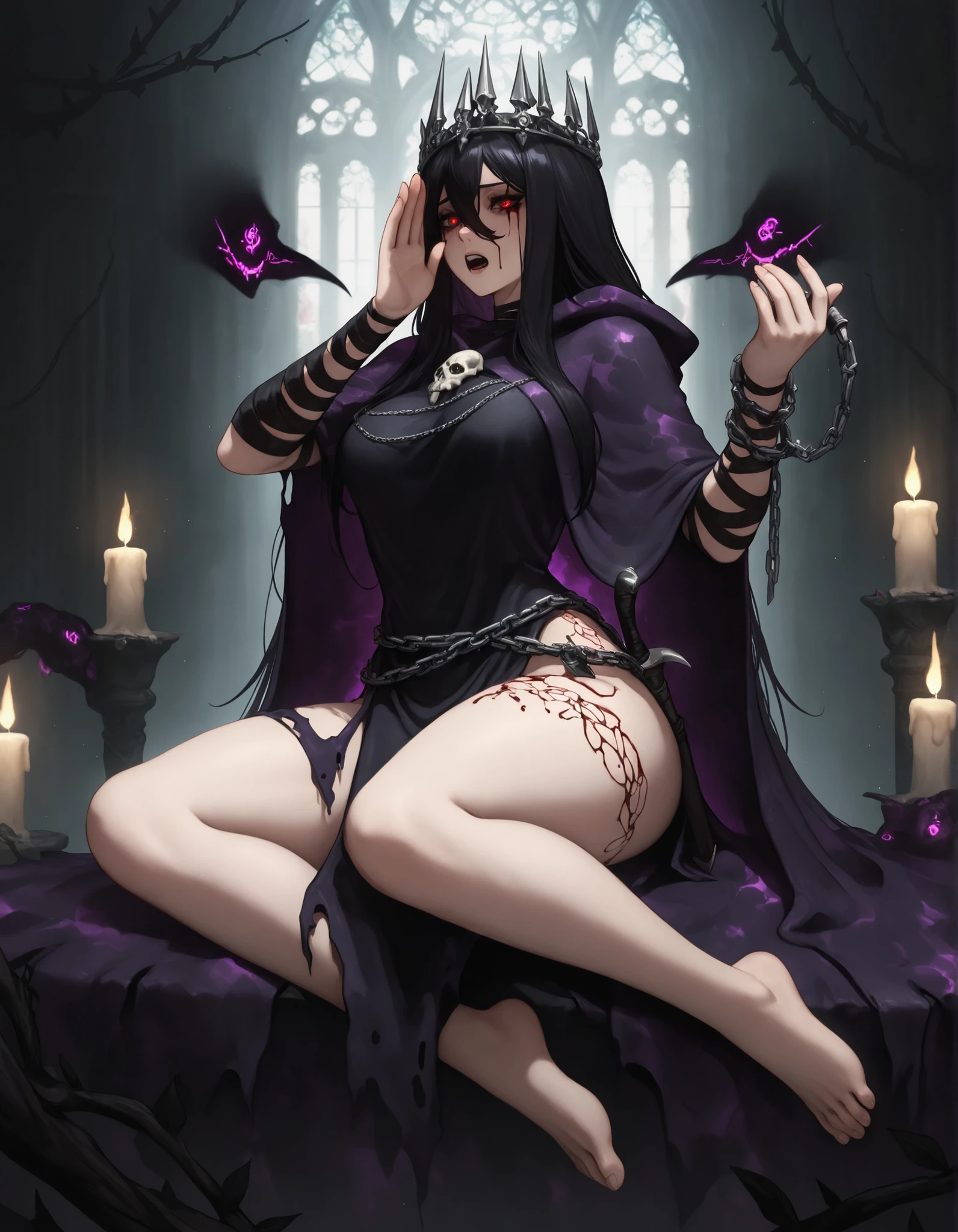 1girl,shadow_reaver, (void_cloak:1.4), obsidian_dagger, bleeding_runes, cathedral_ruins, whispering_skulls, candlelight_flicker, chain_wraps, cursed_fog, thorn_crown
,masterpiece, best quality, newest, highres, absurdres,barefoot
